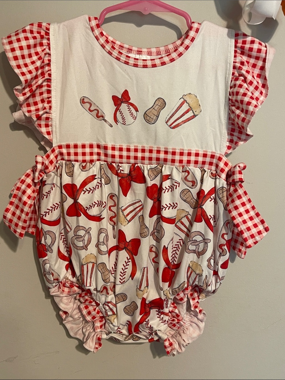 Red & White Gingham Baseball Bubble Romper 2T girls bow